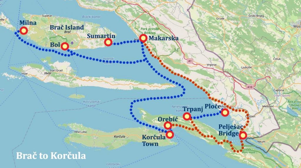Brac island to Korčula map