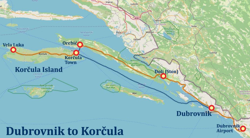 map Dubrovnik to Korčula passenger and car ferry routes, driving and bus 