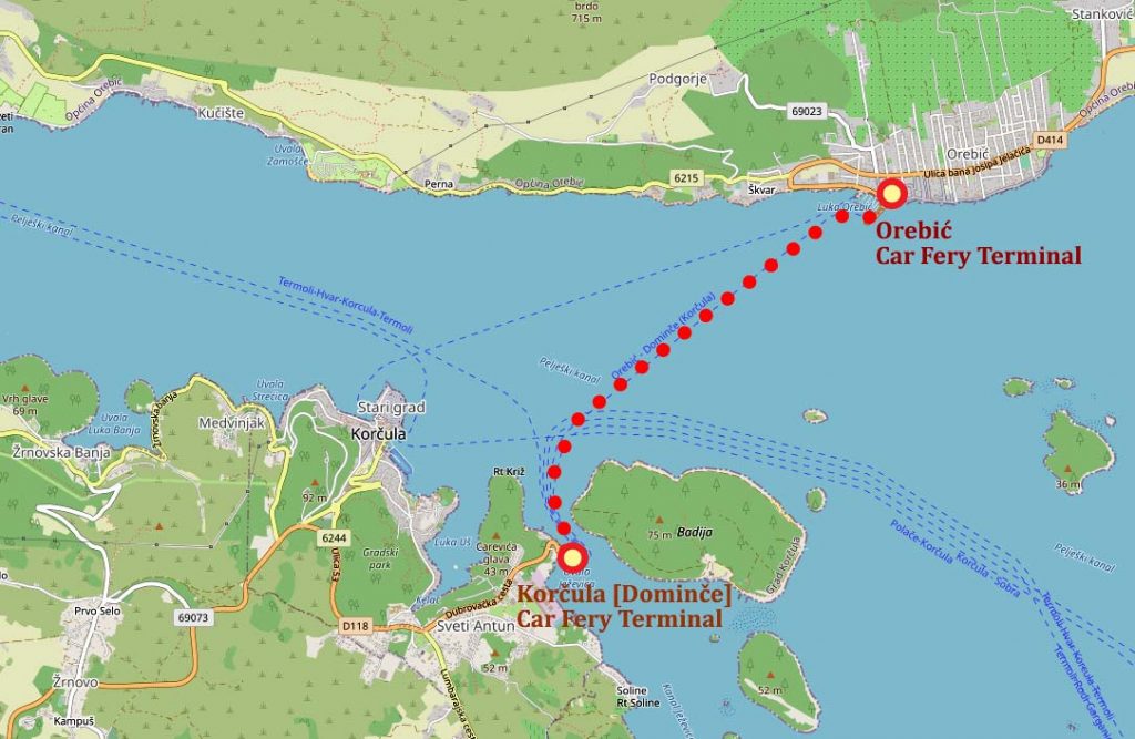 Korcula - Orebic car ferry map