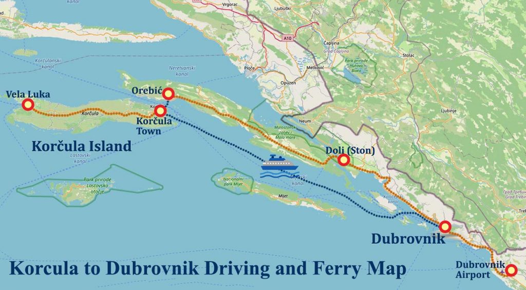 map of how to get from Korčula to Dubrovnik 