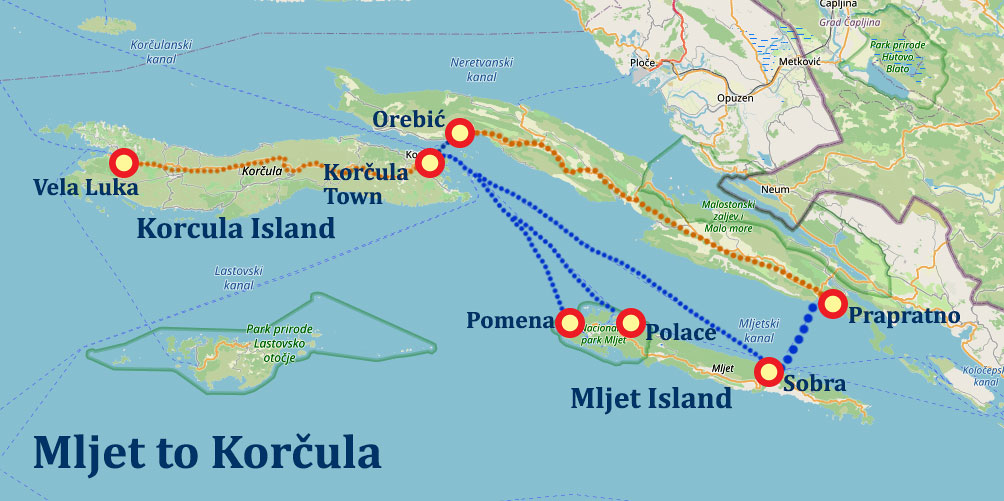 Mljet to Korcula travel options map