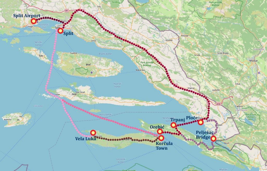 map of how to get from Split to Korčula all transportation options - driving,sailing,ferries